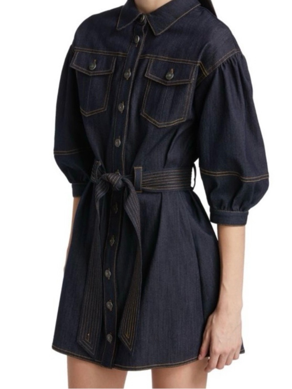 Cinq à Sept Denim Shirt Dress Belted Puff Sleeve Dark Wash Utility Size 2